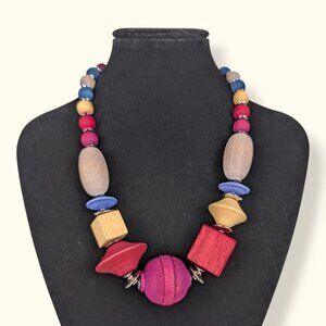 V. Wood Beaded Geometric Necklace